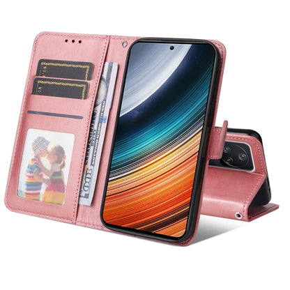 Pink leather wallet phone case with card slots and flip cover, holding a phone