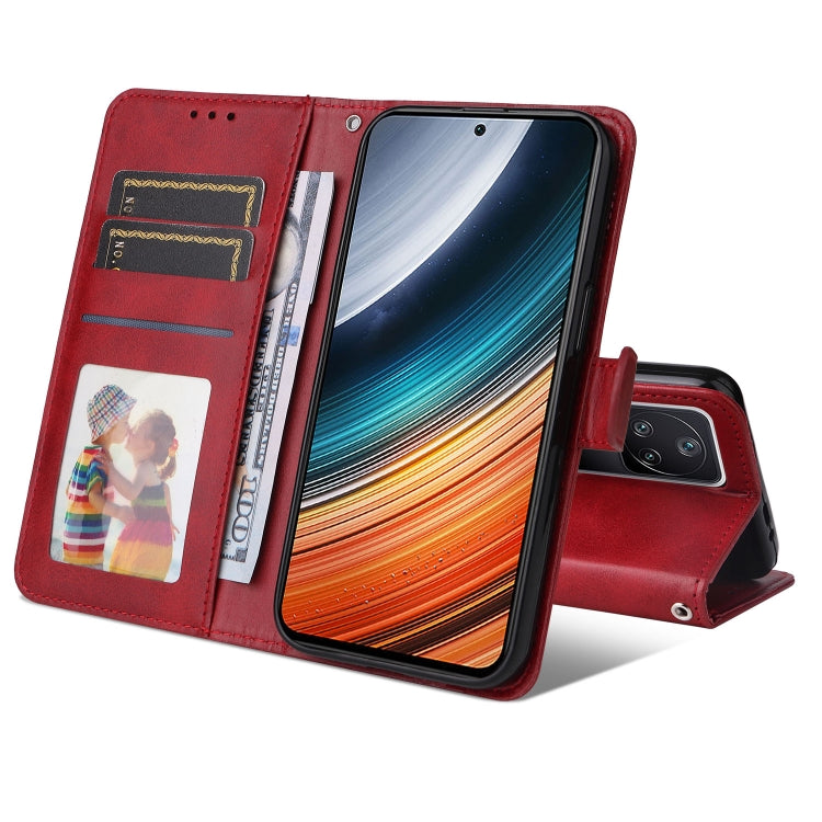 Red leather wallet phone case with card slots and flip cover, holding a phone