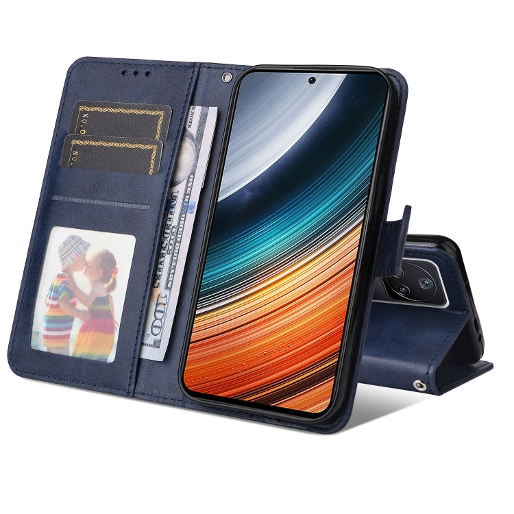 Blue leather wallet phone case with card slots and flip cover, holding a phone
