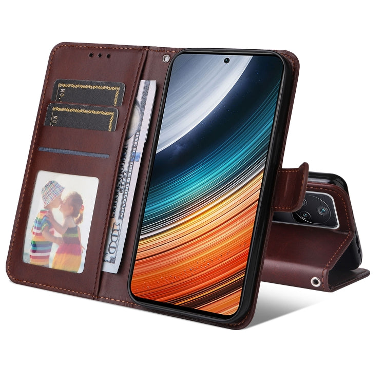 Brown calf texture leather phone case with card slots, ID window, and stand