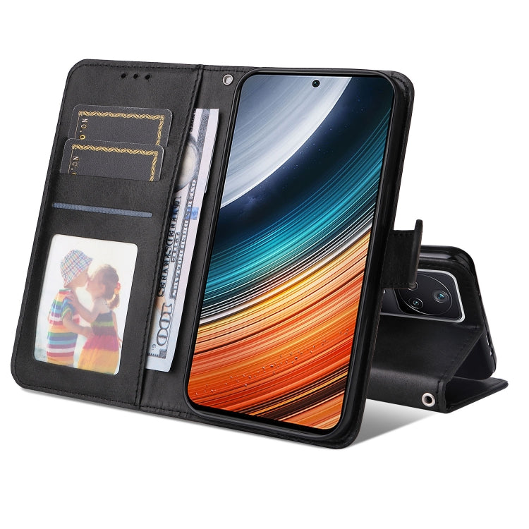 Black calf texture leather phone case with card slots, ID window, and flip stand