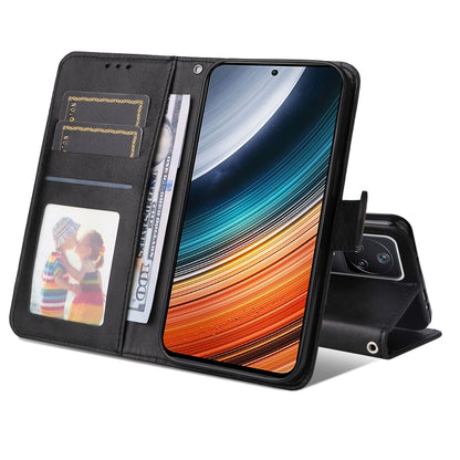 Black calf texture leather phone case with card slots, ID window, and flip stand