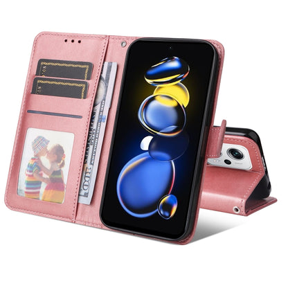 Pink leather wallet phone case with card pockets and flip cover, phone inside