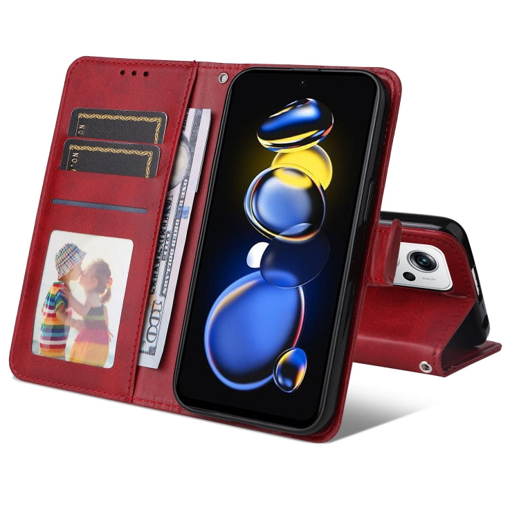 Red leather wallet phone case with card pockets and flip cover, phone inside