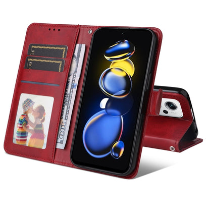 Red leather wallet phone case with card pockets and flip cover, phone inside
