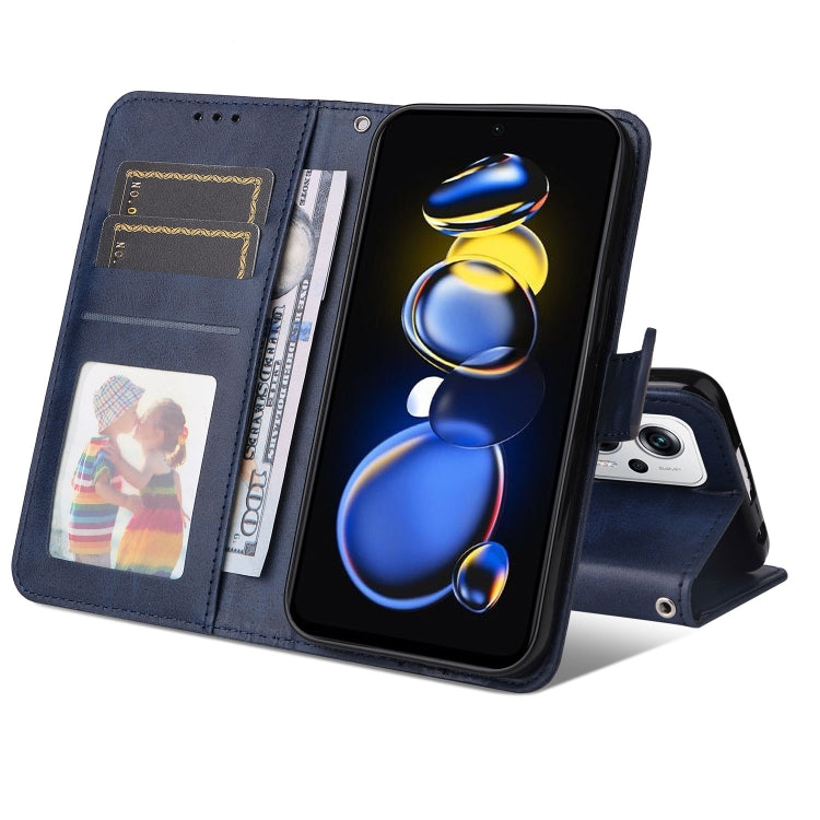 Dark blue calf texture leather phone case with card slots, window ID, and stand