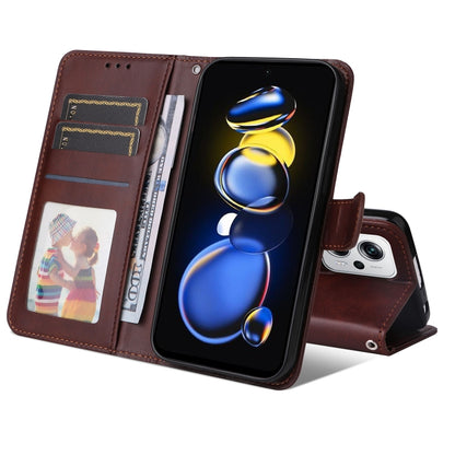 Brown calf texture leather phone case with card slots, ID window, and side stand