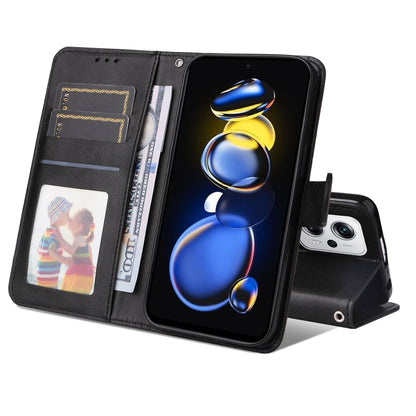 Black calf texture leather phone case with card slots, ID window, and viewing stand