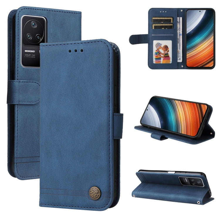 Blue leather wallet phone case with metal button and side strap, card slots included.