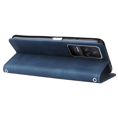 Blue leather wallet phone case in stand mode with kickstand fold support.