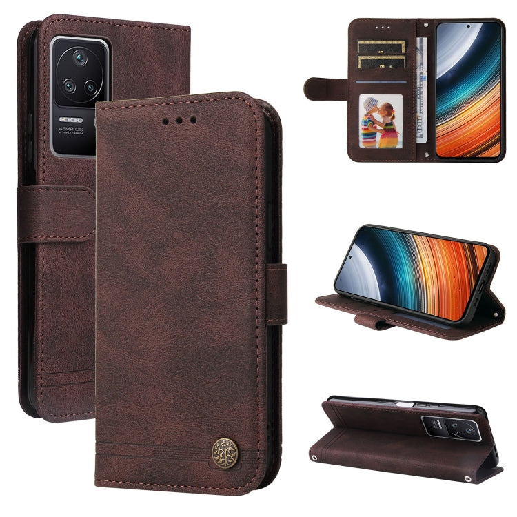 Brown leather wallet phone case with metal button closure, card slots, and flip cover.
