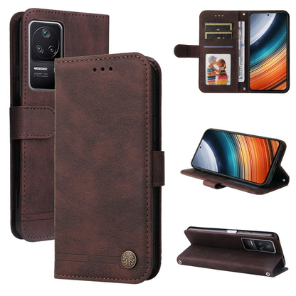 Brown leather wallet phone case with metal button closure, card slots, and flip cover.