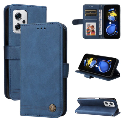 Blue leather wallet phone case with card slots, metal button, and flip front cover.