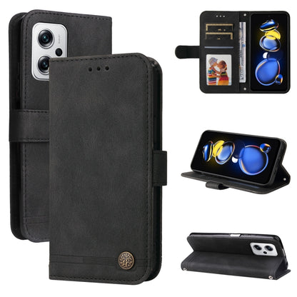 Black leather wallet phone case with flip cover and kickstand stand for viewing.