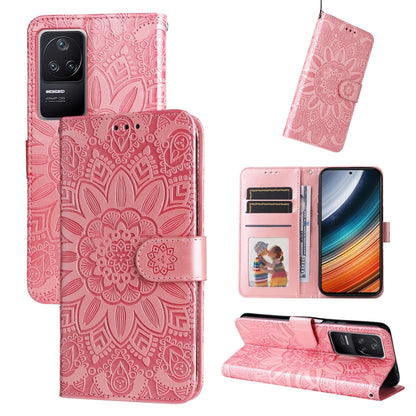 Pink embossed sunflower leather phone case with flip cover, card pocket, camera cutout