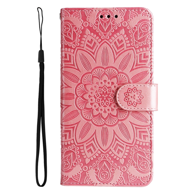 Pink embossed sunflower leather folio phone case with wrist strap and flip cover
