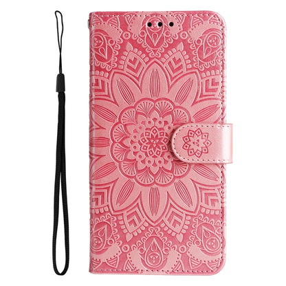 Pink embossed sunflower leather folio phone case with wrist strap and flip cover