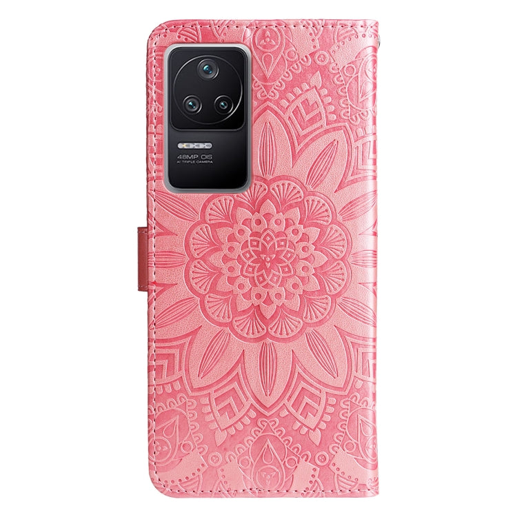 Pink embossed sunflower leather phone case, rear camera cutout, flip cover