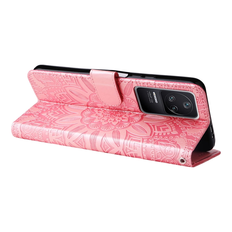 Pink embossed sunflower leather phone case with flip stand and camera cutout