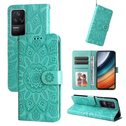 Green embossed sunflower leather phone case with flip cover, card slot, and kickstand