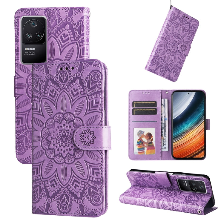Embossed sunflower leather phone case with wallet stand, purple.
