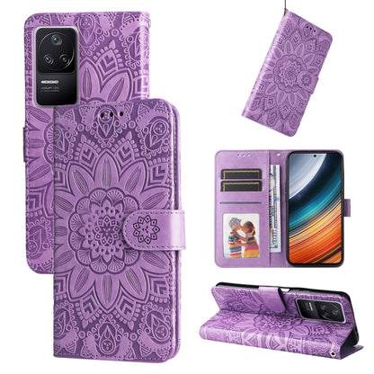 Embossed sunflower leather phone case with wallet stand, purple.