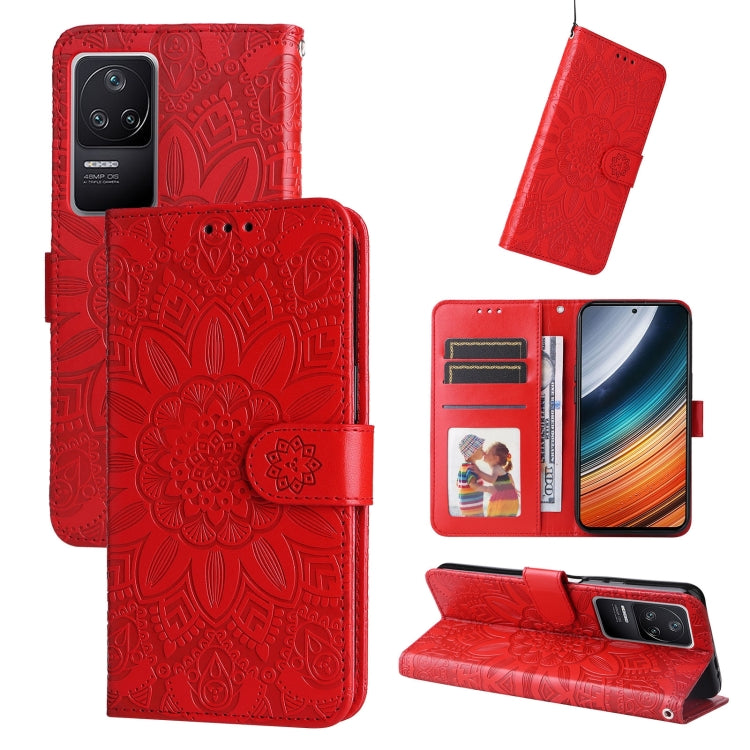 Embossed sunflower leather phone case with wallet stand, red.