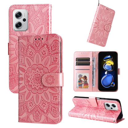 Pink embossed sunflower leather phone case set with flip cover, card pocket, camera cutout