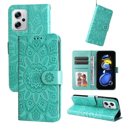 Green embossed sunflower leather wallet phone case with flip cover and card holder