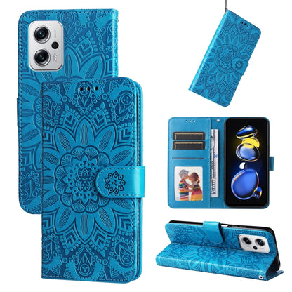 Embossed sunflower leather phone case with wallet stand, blue.