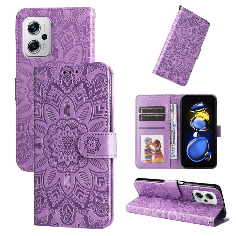 Embossed sunflower leather phone case with wallet stand, purple.
