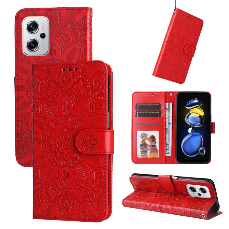 Embossed sunflower leather phone case with wallet stand, red.