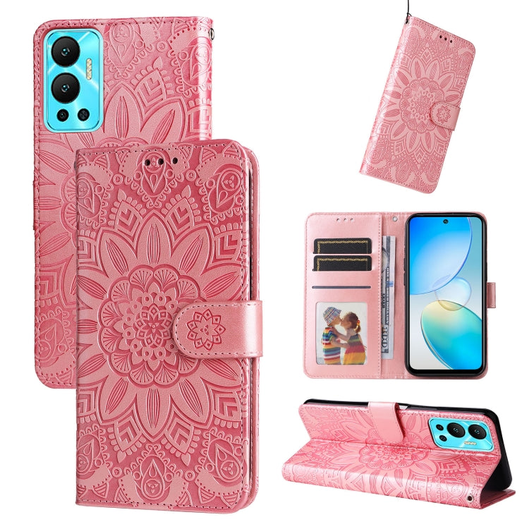 Embossed sunflower leather phone case with wallet stand, pink.