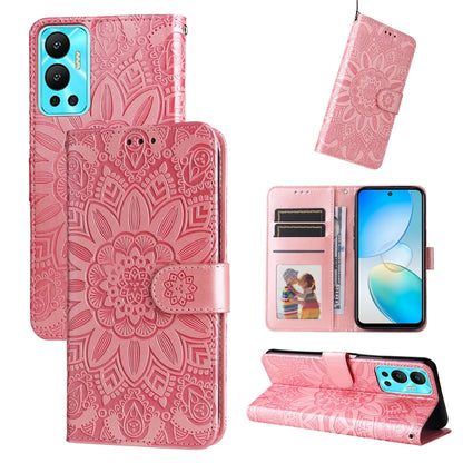Embossed sunflower leather phone case with wallet stand, pink.