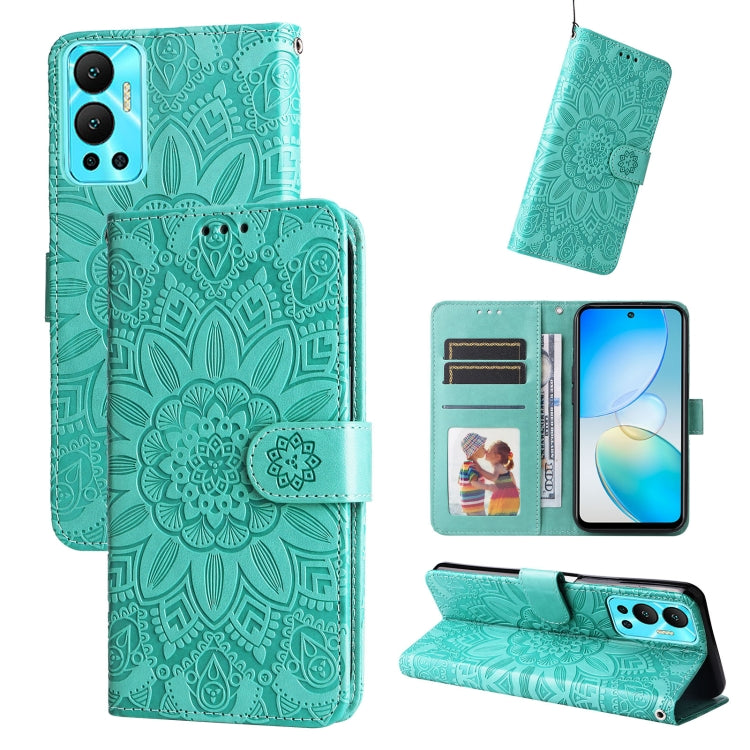 Embossed sunflower leather phone case with wallet stand, green.