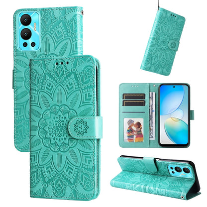 Embossed sunflower leather phone case with wallet stand, green.