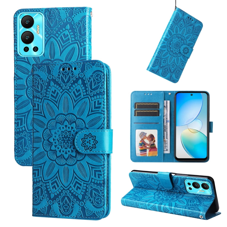 Teal blue embossed sunflower leather wallet phone case with card slots and stand (open/closed)