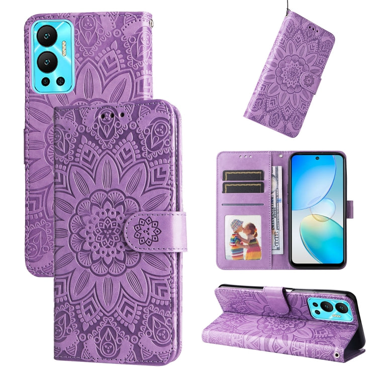 Purple embossed sunflower leather wallet phone case with card slots and stand (open/closed)