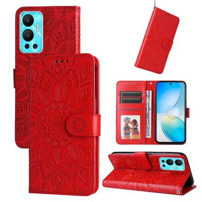 Red embossed sunflower leather wallet phone case with card slots and stand (open/closed)