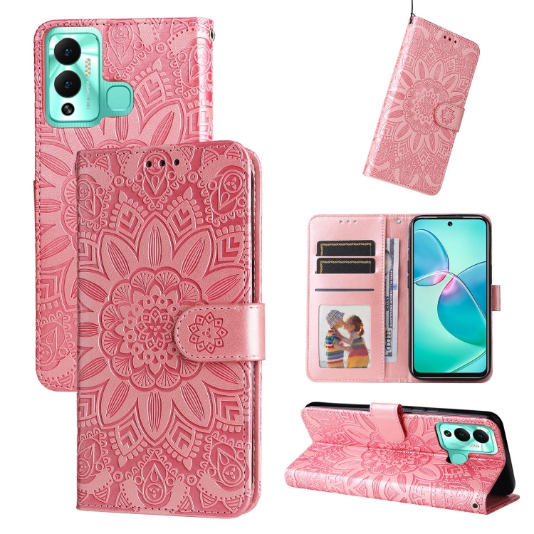 Embossed sunflower leather phone case with wallet stand, pink.