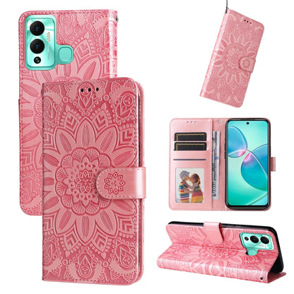 Embossed sunflower leather phone case with wallet stand, pink.