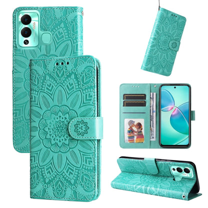Embossed sunflower leather phone case with wallet stand, green.