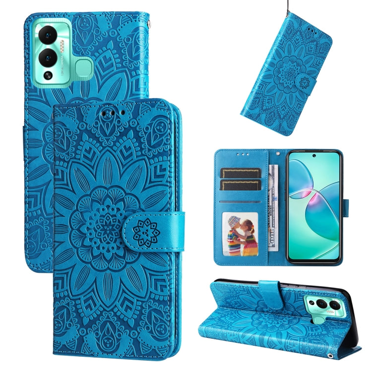 Blue embossed sunflower leather wallet phone case with card slots and stand (open view)