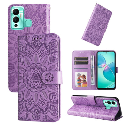 Purple embossed sunflower leather wallet phone case with card slots and stand (open view)