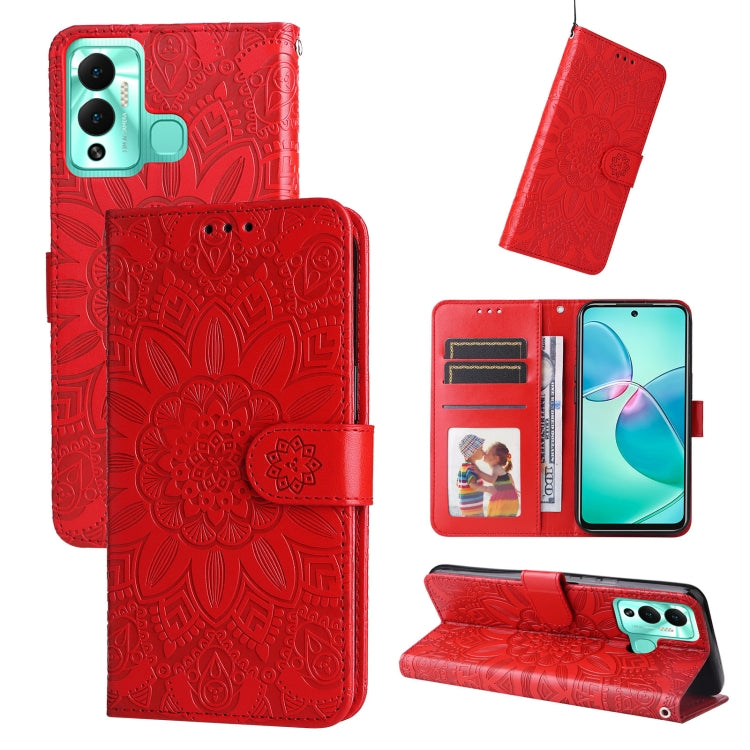 Red embossed sunflower leather wallet phone case with card slots and stand (open view)