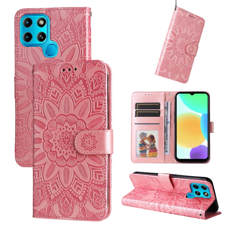 Embossed sunflower leather phone case with wallet stand, red.