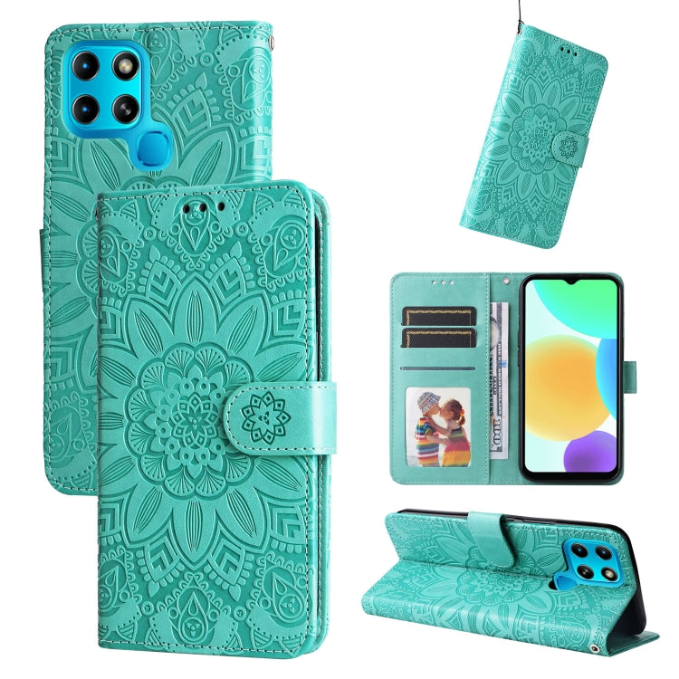 Teal embossed sunflower leather wallet phone case with card slots and stand (open/closed)
