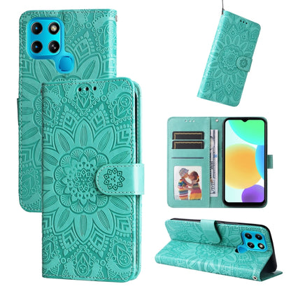 Teal embossed sunflower leather wallet phone case with card slots and stand (open/closed)