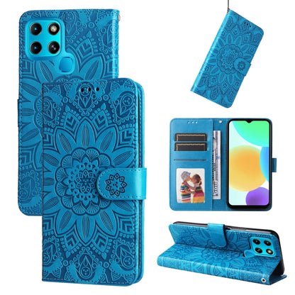 Blue embossed sunflower leather wallet phone case with card slots and stand (front and back)