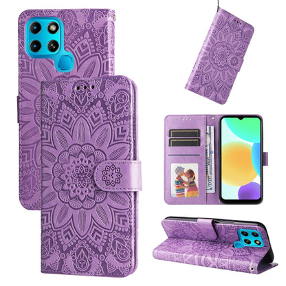 Purple embossed sunflower leather wallet phone case with card slots and stand (front and open)